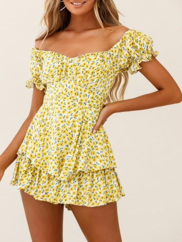 Flower Print Belted Off Shoulder Layered Wide Leg Romper