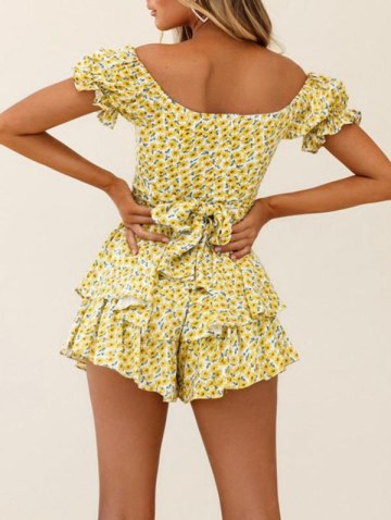 Flower Print Belted Off Shoulder Layered Wide Leg Romper