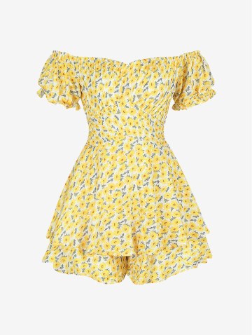 Flower Print Belted Off Shoulder Layered Wide Leg Romper
