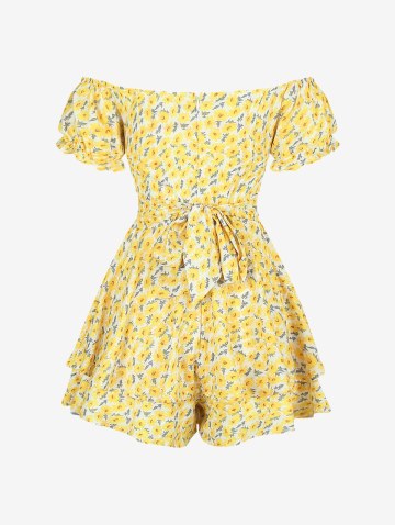 Flower Print Belted Off Shoulder Layered Wide Leg Romper