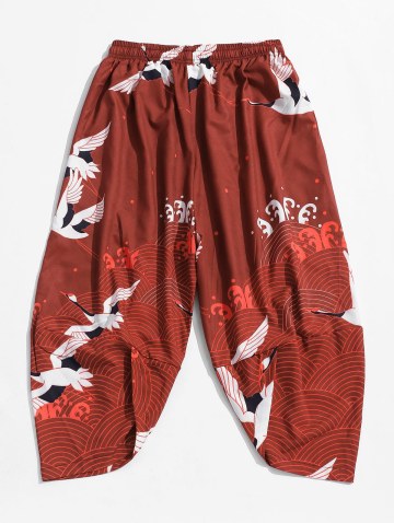 Flying Crane Sea Waves Print Cropped Pants