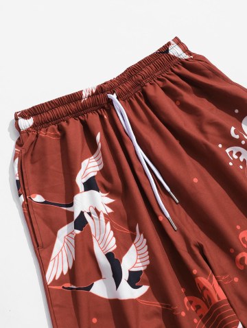 Flying Crane Sea Waves Print Cropped Pants