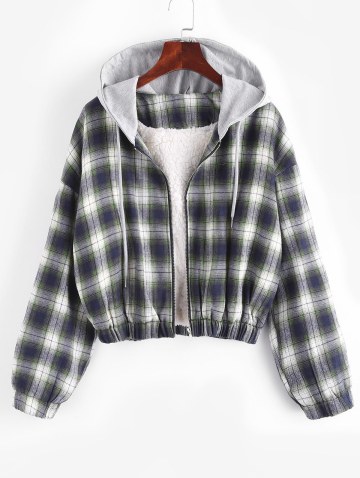 Fuzzy Flannel Hooded Faux Shearling Lined Plaid Jacket