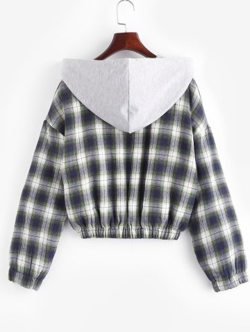 Fuzzy Flannel Hooded Faux Shearling Lined Plaid Jacket