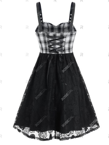 Halloween Skull Lace Insert Plaid Print Sleeveless Dress