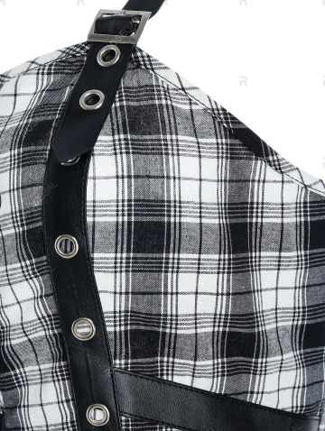 Halloween Skull Lace Insert Plaid Print Sleeveless Dress