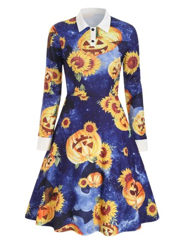 Halloween Sunflower Pumpkin Print Long Sleeve Dress