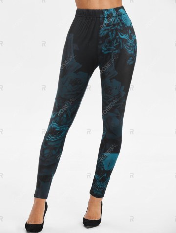 High Rise Rose Skull Print Halloween Skinny Leggings