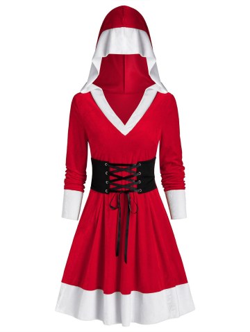 Hooded Christmas Velvet Lace Up Dress