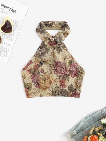 Keyhole Flower Lace Up Backless Tank Top