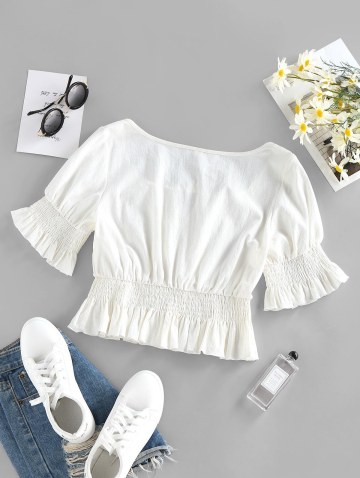 Keyhole Smocked Ruffle Blouse