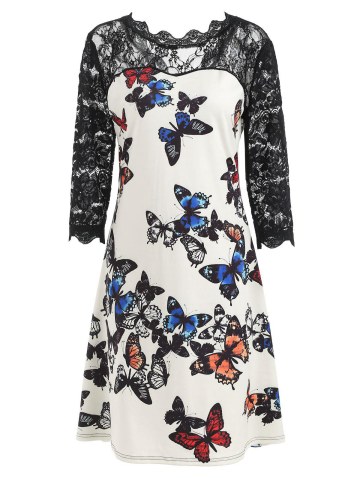 Lace Insert Butterflies Print Dress