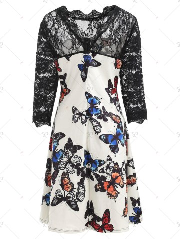 Lace Insert Butterflies Print Dress