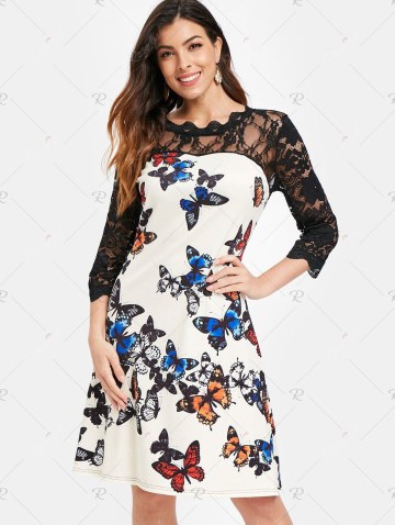 Lace Insert Butterflies Print Dress