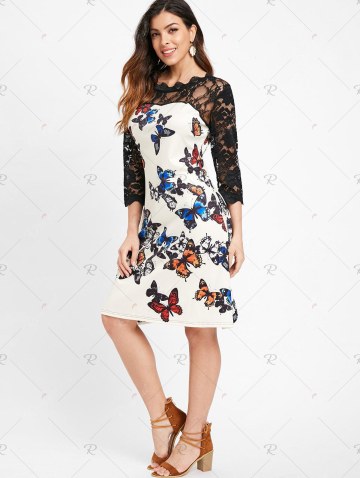 Lace Insert Butterflies Print Dress