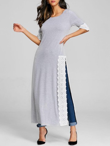 Lace Panel High Split Long T-shirt