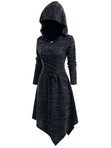 Lace Up Heathered Asymmetric Hooded Dress