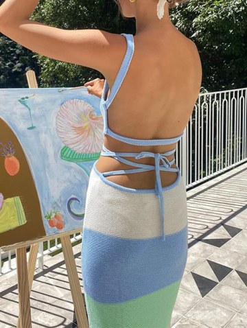 Ladder Colorblock Tie Open Back Knit Dress
