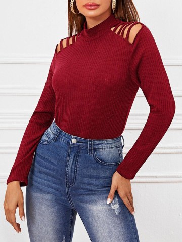 Ladder Cutout Ribbed Mock Neck Slim Sweater