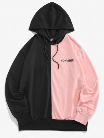 Letters Print Drawstring Contrast Hoodie