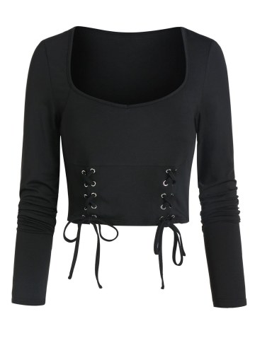 Long Sleeve Lace-up Front Cropped T-shirt