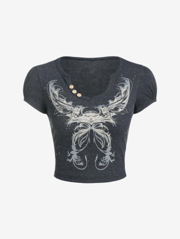 Mock Button Rhinestone Embellished Puff Sleeve Crop T Shirt