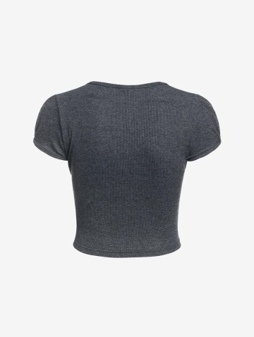 Mock Button Rhinestone Embellished Puff Sleeve Crop T Shirt