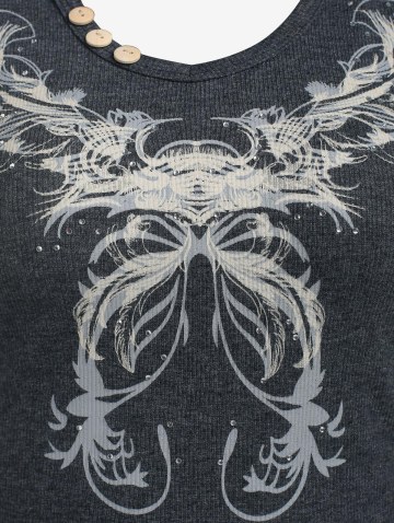 Mock Button Rhinestone Embellished Puff Sleeve Crop T Shirt