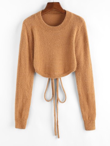 Open Back Tie Fuzzy Crop Sweater