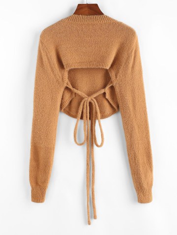 Open Back Tie Fuzzy Crop Sweater