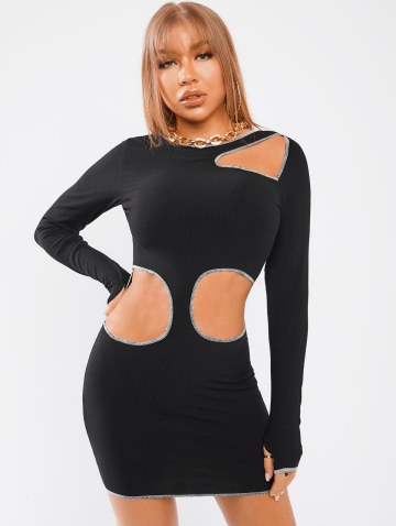 Overlock Stitching Cut Out Long Sleeve Slinky Dress