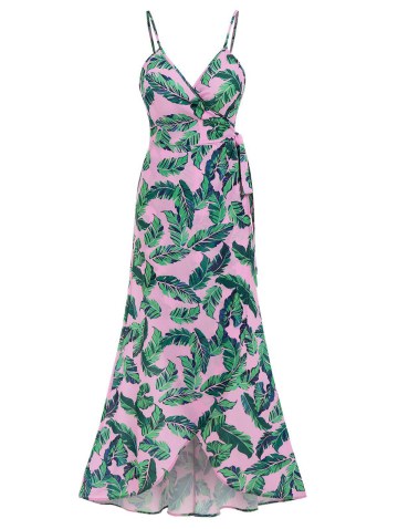 Palm Leaves Print Maxi Wrap Cami Dress