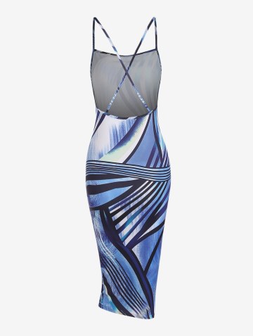 Patterned Criss Cross Open Back Cami Slinky Dress