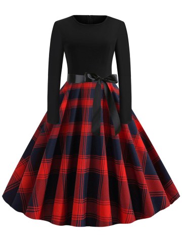 Plaid Belted Long Sleeves Rockabilly Style Flare Dress
