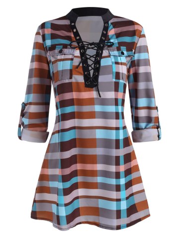 Plaid Lace Up Pocket Roll Up Sleeve Blouse