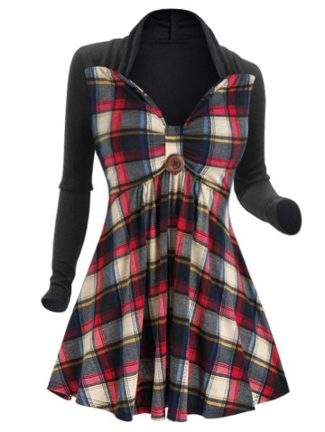 Plaid Print Button Embellished Twofer T-shirt