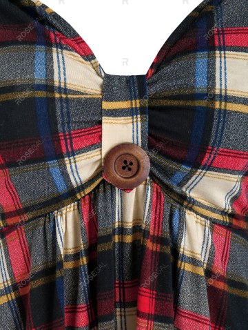 Plaid Print Button Embellished Twofer T-shirt
