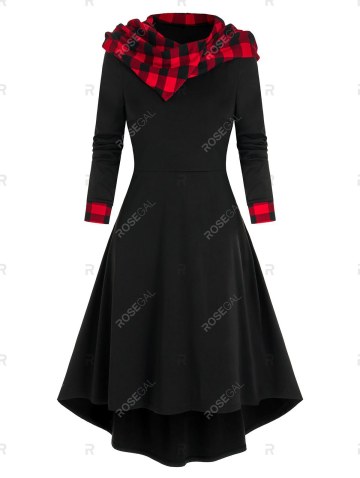 Plaid Print Hooded Lace-up High Low Dress