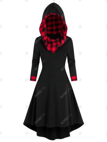 Plaid Print Hooded Lace-up High Low Dress