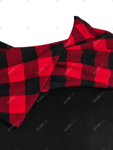 Plaid Print Hooded Lace-up High Low Dress