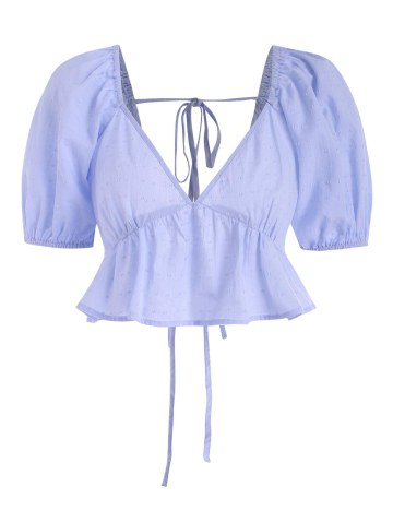 Plunge Puff Sleeve Back Tie Blouse