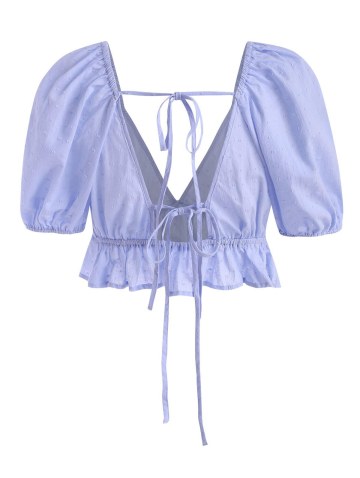Plunge Puff Sleeve Back Tie Blouse