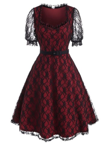 Puff Sleeve Overlay Lace Mid Calf Dress