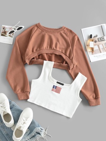 Raglan Sleeve Crop Sweatshirt With Patriotic American Flag Print Tank Top