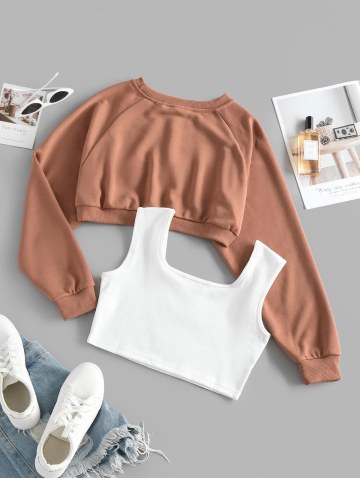 Raglan Sleeve Crop Sweatshirt With Patriotic American Flag Print Tank Top