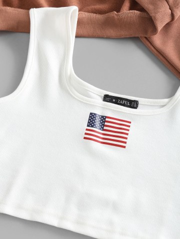 Raglan Sleeve Crop Sweatshirt With Patriotic American Flag Print Tank Top