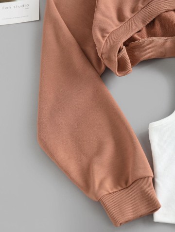 Raglan Sleeve Crop Sweatshirt With Patriotic American Flag Print Tank Top