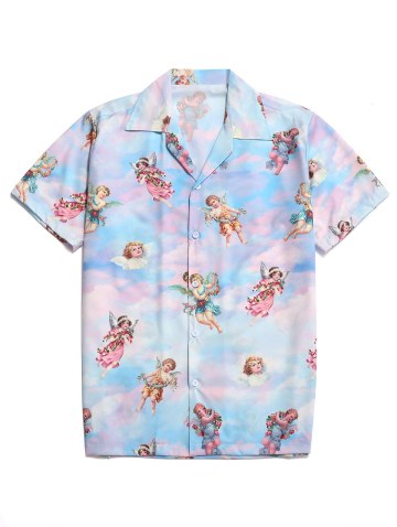 Renaissance Art Paradise Floral Angel Print Beach Button Up Shirt
