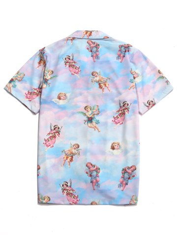 Renaissance Art Paradise Floral Angel Print Beach Button Up Shirt