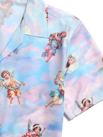 Renaissance Art Paradise Floral Angel Print Beach Button Up Shirt